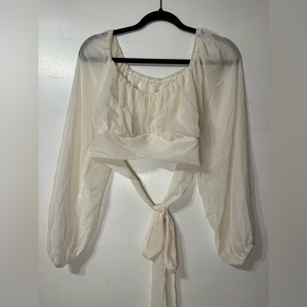 SHEIN Cream Sheer Tie-Front Long Sleeve Blouse